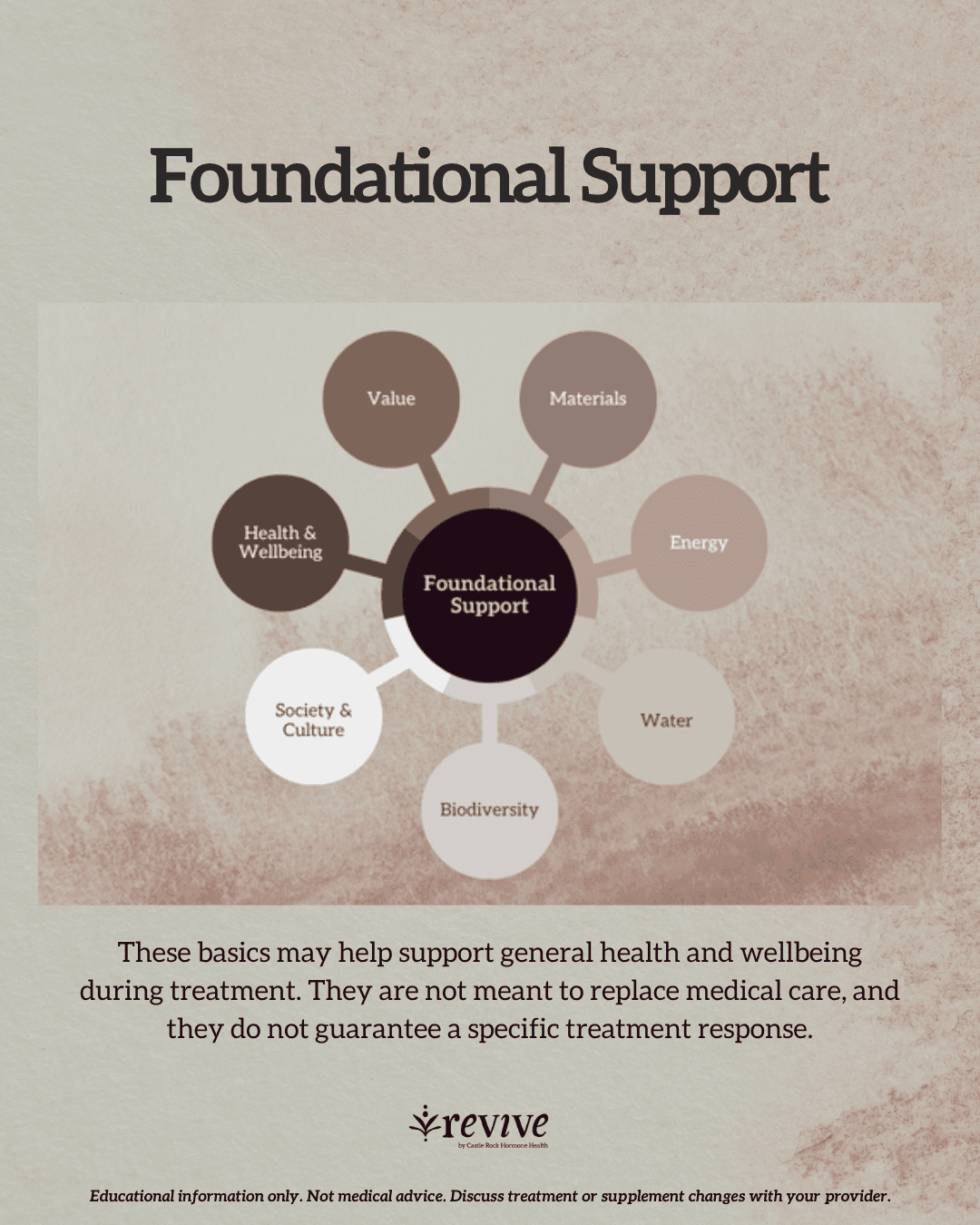 Foundational support, drawn as a hub diagram with seven connected circles around a central "Foundational support" circle. These basics may help support general health and wellbeing during treatment. They are not meant to replace medical care, and they do not guarantee a specific treatment response. Footer: Educational information only. Not medical advice. Discuss treatment or supplement changes with your provider.